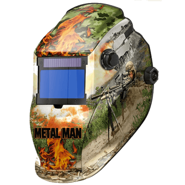 Auto - Darkening Welding Helmet, Metal Man 9 - 13 Shade, Military Graphic, 2 Arc Sensors - Bayou Tool