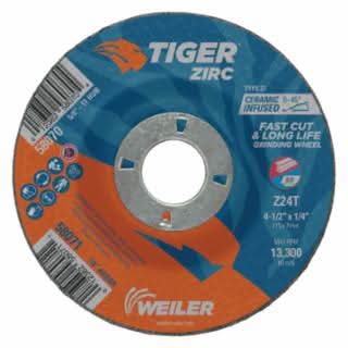 Tiger® Grinding Wheel - 4 - 1/2" x 1/4", 24 Grit, Zirconia Alumina/Ceramic, Type 27 (Pack of 10) - Bayou Tool