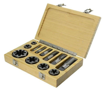 12 Piece Carbon Steel NPT Pipe Tap and Die Set (1/8" 1/4" 3/8" 1/2" 3/4" and 1" in Wooden Case) - High Performance & Durable Cutting Tool | Drill America - Bayou Tool