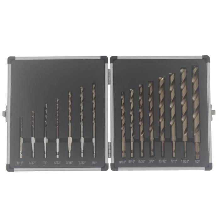 15 Piece Cobalt Quick Change Hex Shank Drill Bit Set 1/16" - 1/2" Plastic Case - High Performance & Durable Cutting Tool | Drill America - Bayou Tool