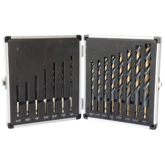 15 Piece Quick Change Hex Shank Drill Bit Set 1/16" - 1/2" Plastic Case - High Performance & Durable Cutting Tool | Drill America - Bayou Tool