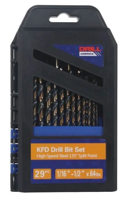 29 Piece Piece HSS KFD Split Point Jobber Length Drill Bit Set, Rectangle Plastic Case 1/16" - 1/2" - High Performance & Durable Cutting Tool | Drill America - Bayou Tool