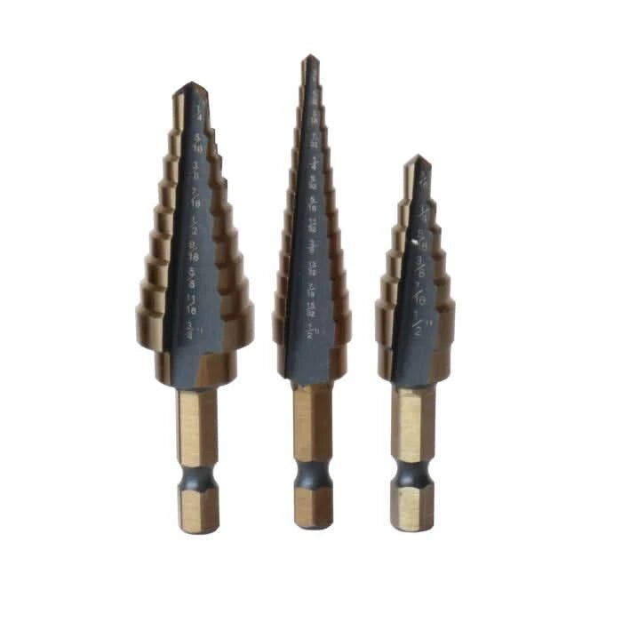 3 Piece HSS Black & Gold Quick Change Hex Shank Step Drill Bit Set (Sizes 1 to 3) - High Performance & Durable Cutting Tool | Drill America - Bayou Tool
