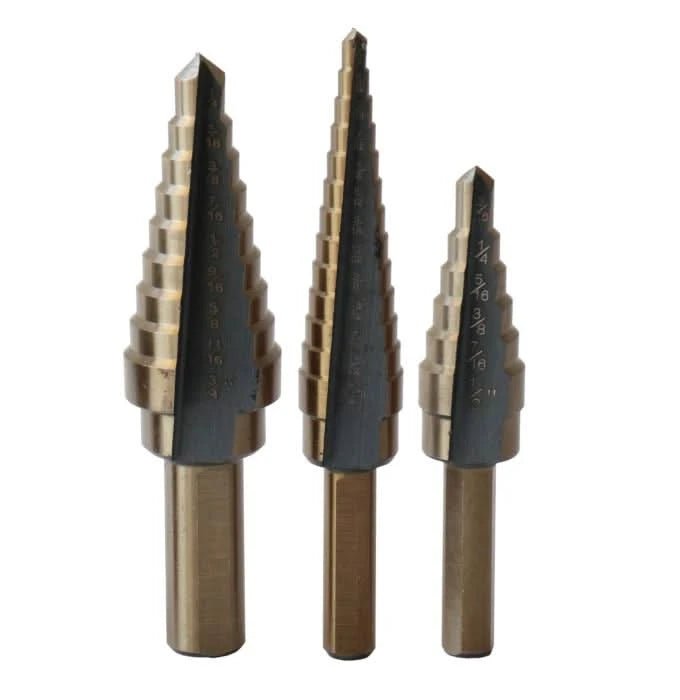 3 Piece HSS Black & Gold Step Drill Bit Set (Sizes 1 to 3) - High Performance & Durable Cutting Tool | Drill America - Bayou Tool