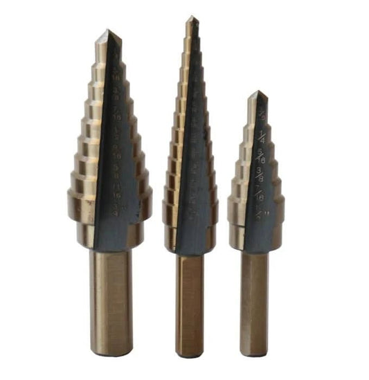 3 Piece HSS Black & Gold Step Drill Bit Set (Sizes 1 to 3) - High Performance & Durable Cutting Tool | Drill America - Bayou Tool