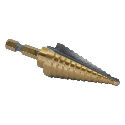 4 HSS Black & Gold Quick Change Hex Shank Step Drill Bit (3/16" - 7/8" by 1/16") - High Performance & Durable Cutting Tool | Drill America - Bayou Tool