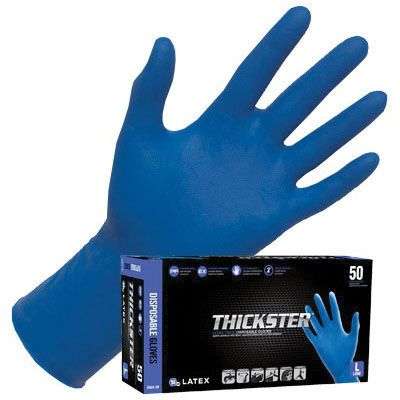 a pair of blue gloves sitting next to a box