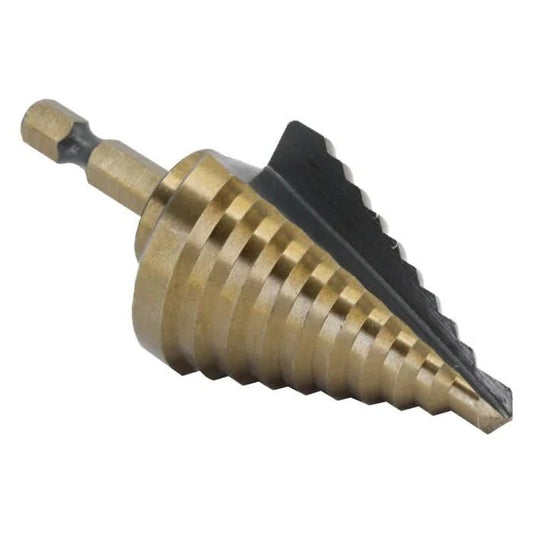 5 HSS Black & Gold Quick Change Hex Shank Step Drill Bit (1/4" - 1 - 3/8" by 1/8") - High Performance & Durable Cutting Tool | Drill America - Bayou Tool