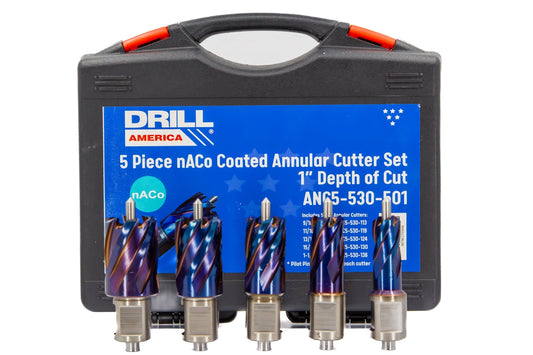 5 Piece Set with 1" Depth of Cut - nACo (Nano - Composite) Coated Blue Annular Cutter - High Performance & Durable Cutting Tool | Drill America - Bayou Tool