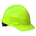 a neon yellow hard hat on a white background