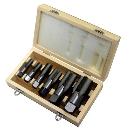 6 Piece Carbon Steel NPT Pipe Tap Set (1/4" 3/8" 1/2" 3/4" 1" and 1 - 1/4" in Wooden Case) - High Performance & Durable Cutting Tool | Drill America - Bayou Tool