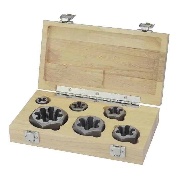6 Piece NPT Carbon Steel Hex Pipe Die Set 1/8" 1/4" 3/8" 1/2" 3/4" and 1" in Wooden Case - High Performance & Durable Cutting Tool | Drill America - Bayou Tool