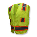 a yellow safety vest with orange and black stripes