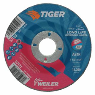 Tiger® AO Grinding Wheel - 4-1/2" x 1/4", 7/8" Arbor, A24R, Type 27 (Pack of 10)