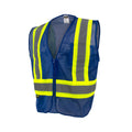 a blue and yellow safety vest on a white background