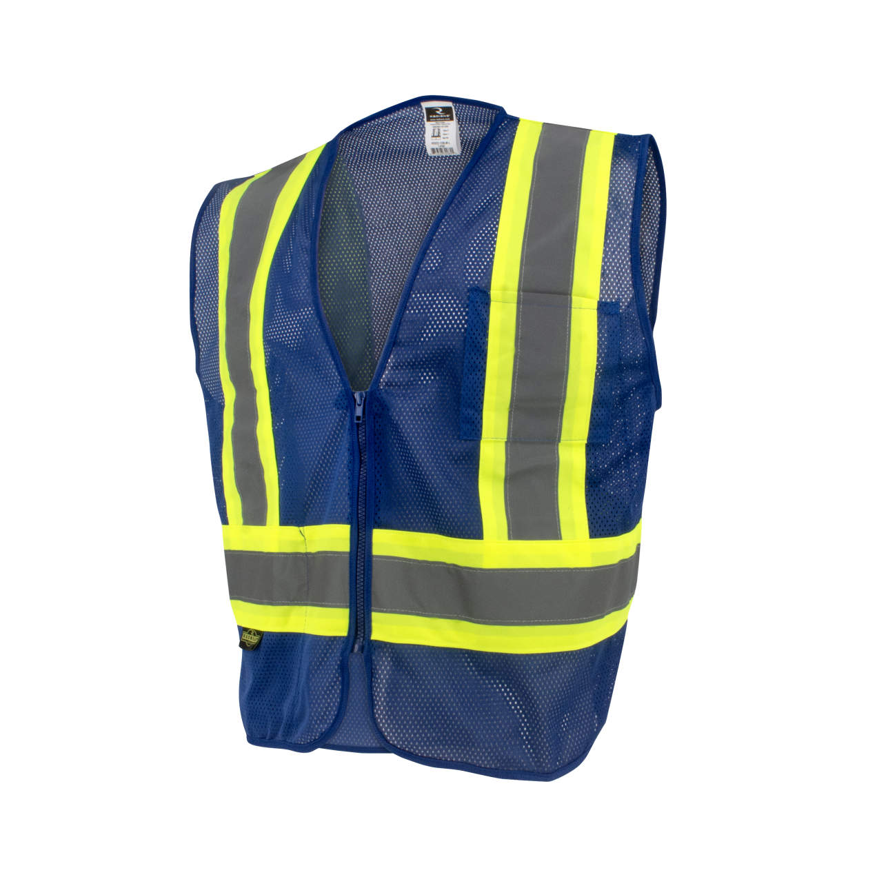 a blue and yellow safety vest on a white background