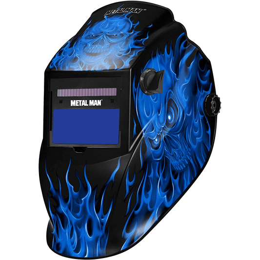 Auto - Darkening Welding Helmet, Metal Man 9 - 13 Shade, Blue Skull & Flame, 2 Arc Sensors - Bayou Tool
