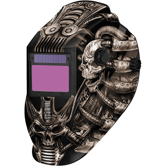 Auto - Darkening Welding Helmet, Metal Man 9 - 13 Shade, Gray Techno Skull, 4 Arc Sensors - Bayou Tool