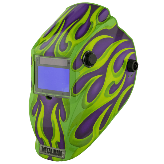 Auto - Darkening Welding Helmet, Metal Man 9 - 13 Shade, Green/Purple Flame, 4 Arc Sensors, OptiClear 2.5 - Bayou Tool