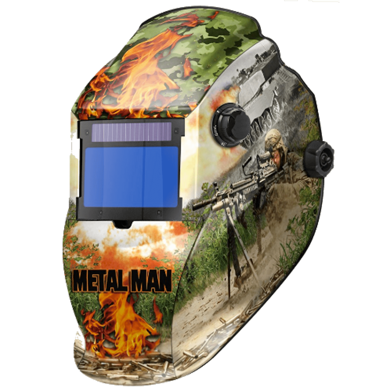 Auto - Darkening Welding Helmet, Metal Man 9 - 13 Shade, Military Graphic, 2 Arc Sensors - Bayou Tool