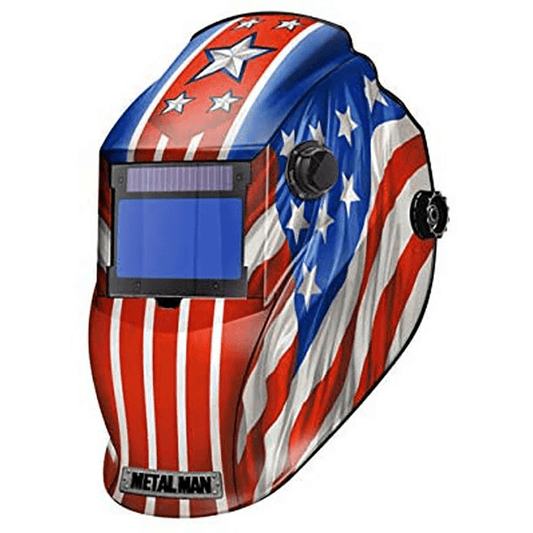 Auto - Darkening Welding Helmet, Metal Man 9 - 13 Shade, Patriotic Graphic, 4 Arc Sensors, OptiClear 2.5 - Bayou Tool