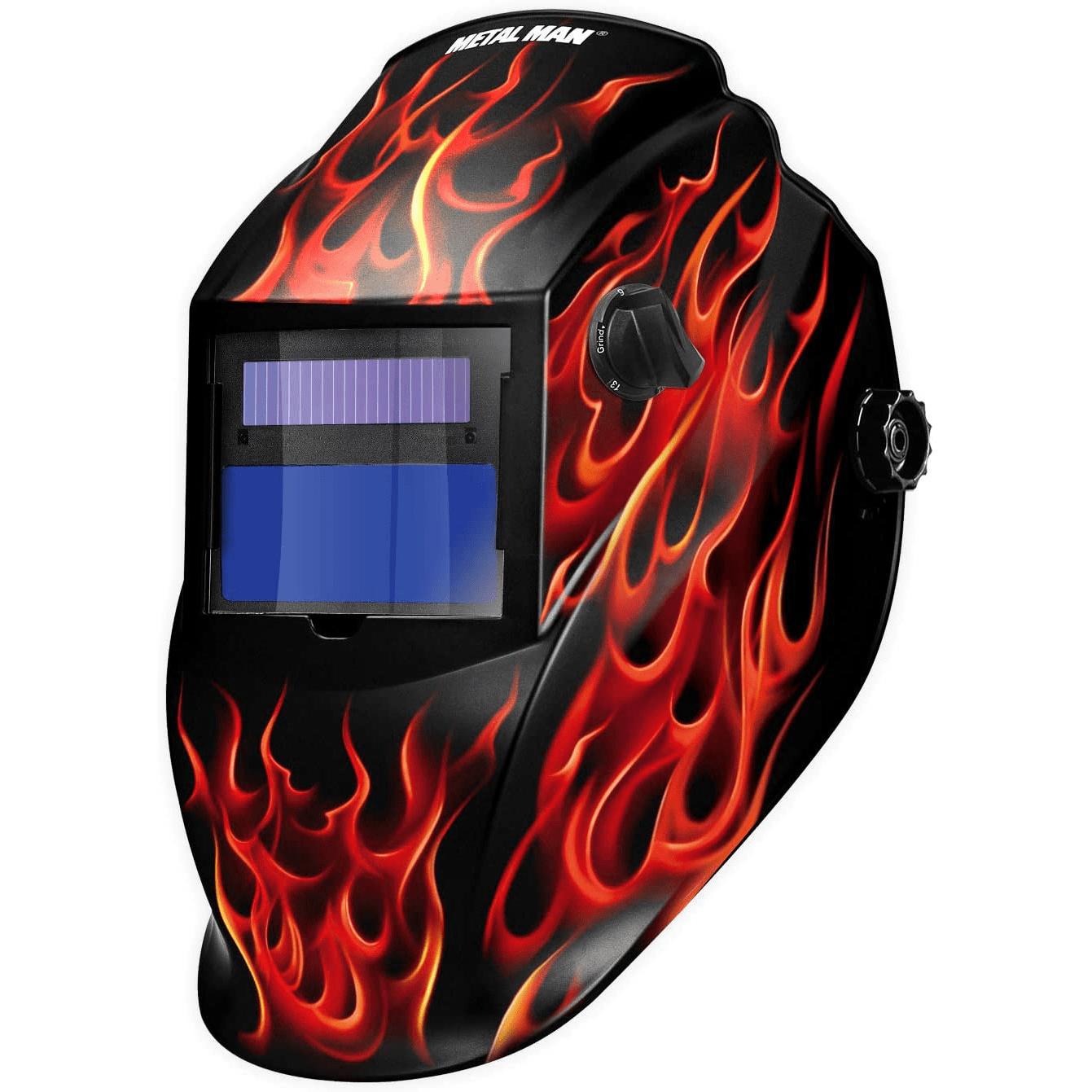 Auto - Darkening Welding Helmet, Metal Man 9 - 13 Shade, Red Real Flame, 2 Arc Sensors - Bayou Tool