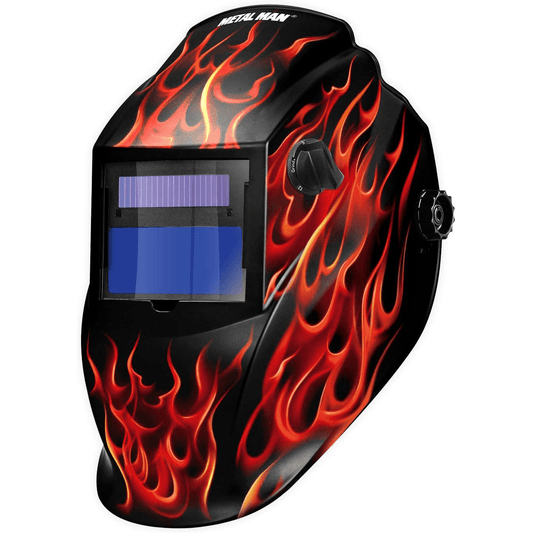Auto - Darkening Welding Helmet, Metal Man 9 - 13 Shade, Red Real Flame, 2 Arc Sensors - Bayou Tool