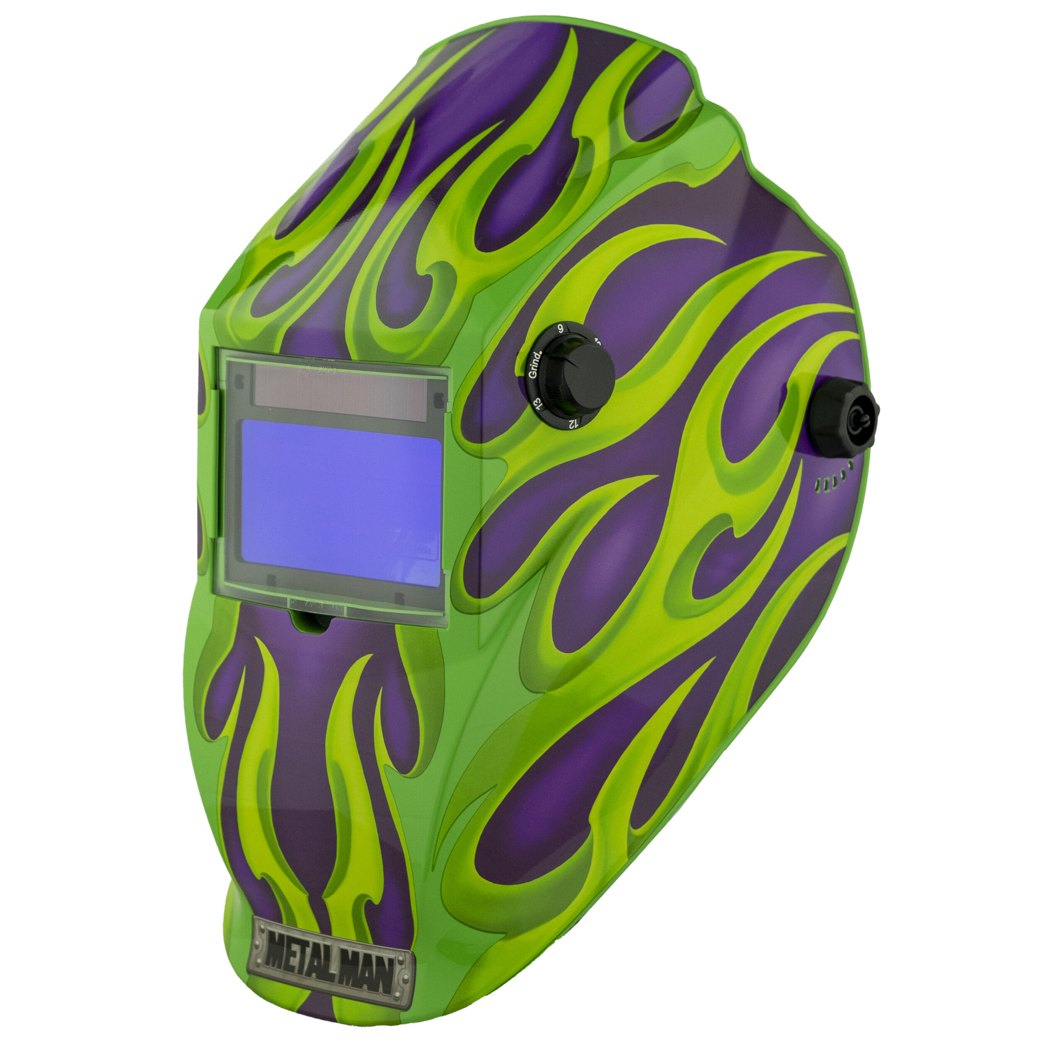 Auto-Darkening Welding Helmet, Metal Man 9-13 Shade, Green/Purple Flame, 4 Arc Sensors, OptiClear 2.5