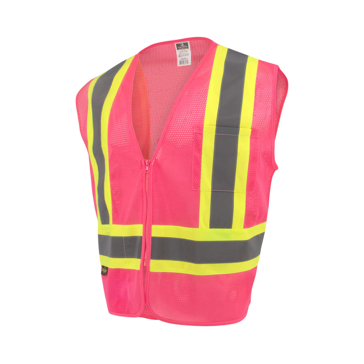 a neon pink safety vest with reflective stripes