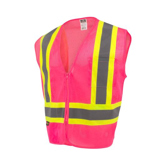 a neon pink safety vest with reflective stripes