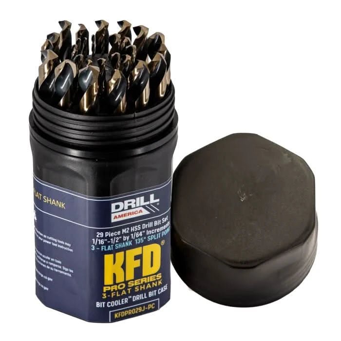 Drill America - 29 Piece KFD PRO High - Speed Steel (HSS) Black & Gold Jobber Drill Bit Set in Bit Cooler Case with 3 - Flat Shank S (1/16 - 1/2 x 1/64) - Bayou Tool