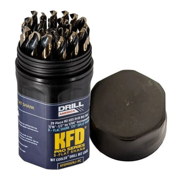 Drill America - 29 Piece KFD PRO High - Speed Steel (HSS) Black & Gold Jobber Drill Bit Set in Bit Cooler Case with 3 - Flat Shank S (1/16 - 1/2 x 1/64) - Bayou Tool