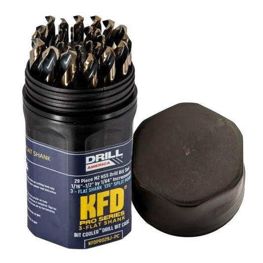 Drill America - 29 Piece KFD PRO High - Speed Steel (HSS) Black & Gold Jobber Drill Bit Set in Bit Cooler Case with 3 - Flat Shank S (1/16 - 1/2 x 1/64) - Bayou Tool