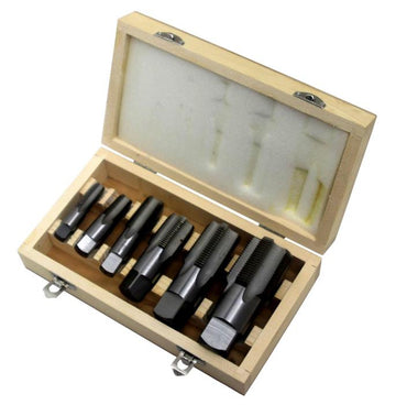 Drill America Tapping Tool - 6 Piece High Speed Steel NPT Pipe Tap Set 1/4 3/8 1/2 3/4 1 and 1-1/4 in Wooden Case - Complete Tap Set for Professional Threading