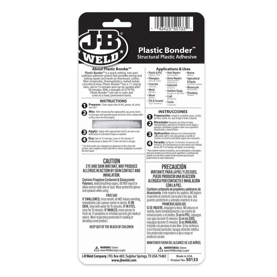 J - B Weld PlasticBonder 25ml Syringe | High - Strength Epoxy Adhesive for Plastic, Composite & Automotive Repairs - Bayou Tool