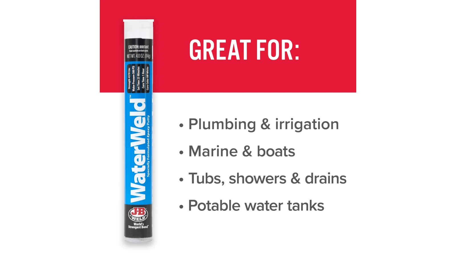 J - B Weld WaterWeld 4oz Epoxy Putty Stick | Waterproof, Underwater Repair for Metal, Plastic & More - Bayou Tool