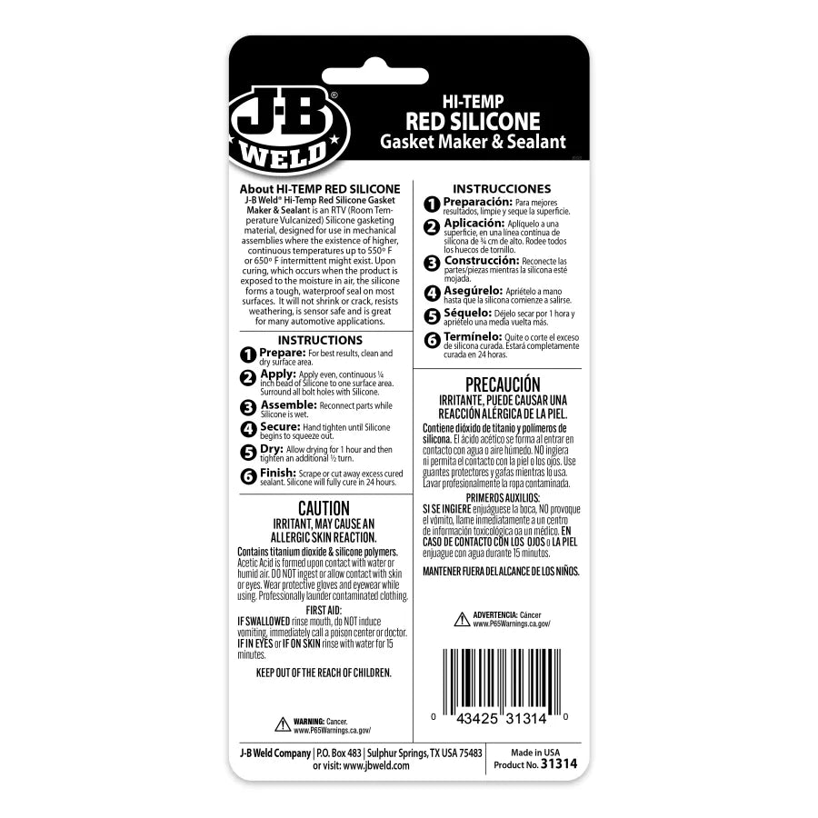 JB Weld Hi-Temp Red Silicone Sealant 10.3oz