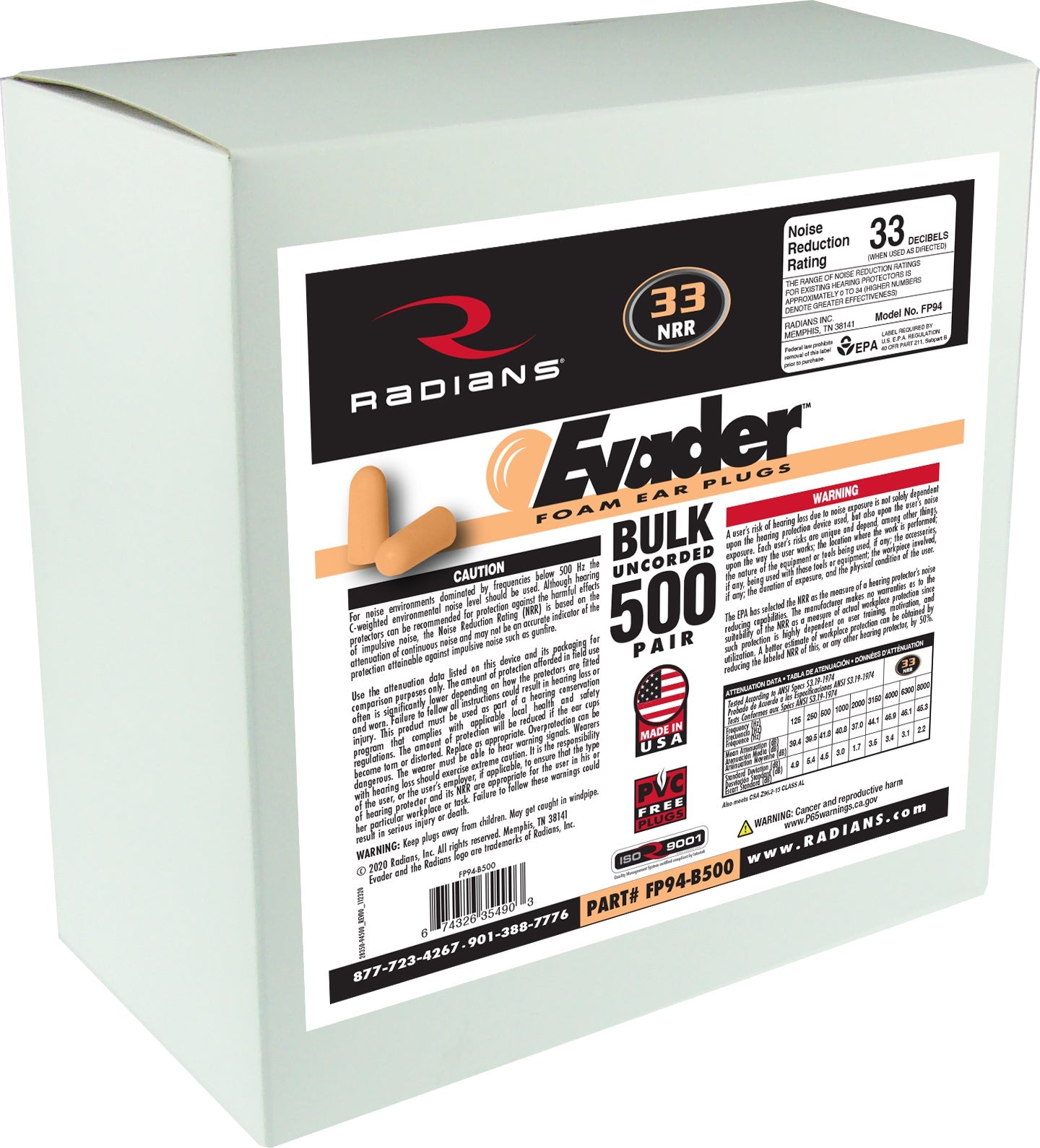 Radians EVADER® Foam Earplug 500 Pair Dispenser Refill - Bayou Tool