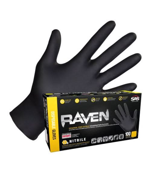 SAS Safety 66516 Raven® Powder - Free Exam Grade Nitrile Disposable Gloves - 7 Mil - 100 Per Box - Bayou Tool