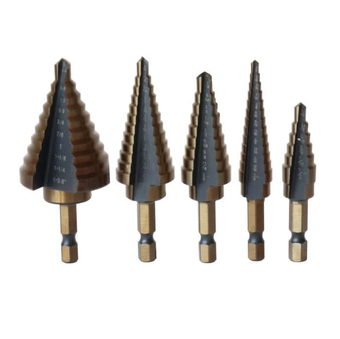 5 Piece HSS Black & Gold Quick Change Hex Shank Step Drill Bit Set (Sizes #1 to #5 - High Performance & Durable Cutting Tool | Drill America
