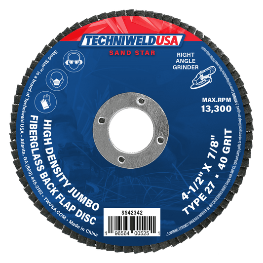 Techniweld Sand Star Jumbo Flap Disc | Type 27, VSM Zirconia, Reg. Density | 10/box - Bayou Tool